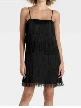 Black Fringe Slip Dress - Women Zara